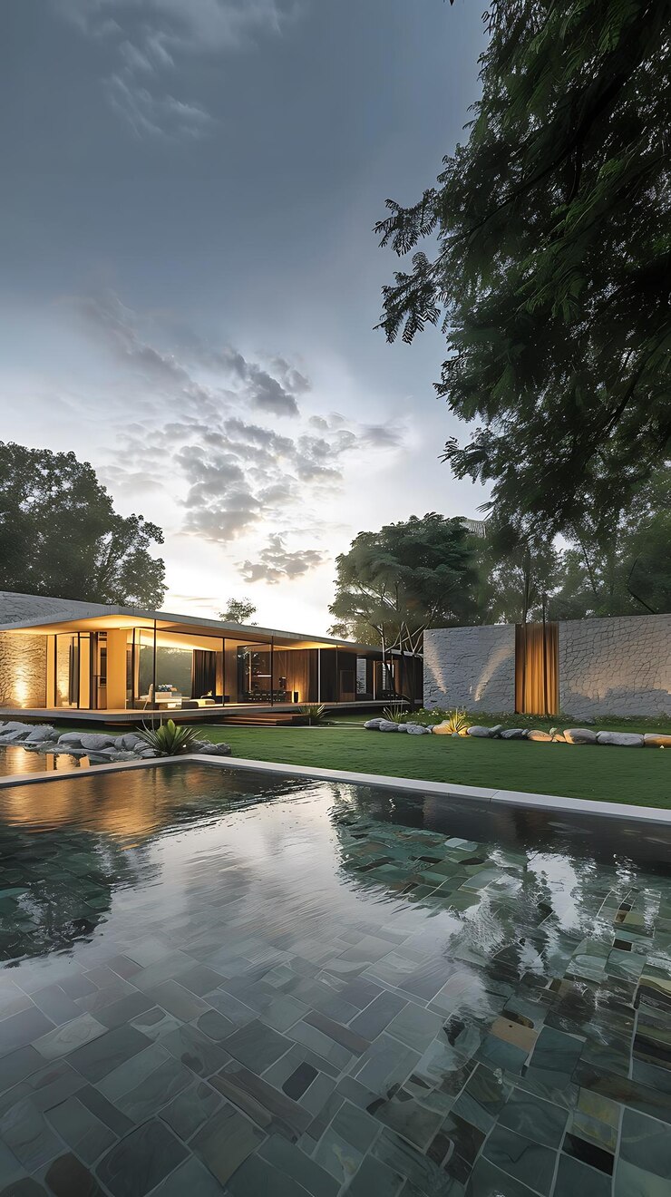 there is a pool in the middle of a large backyard