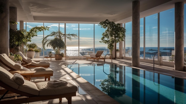 there is a pool in the middle of a large room with a view of the ocean generative ai