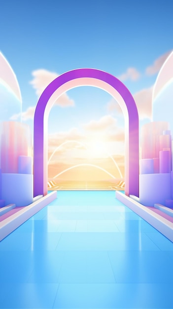 There is a pool with a bridge and a sky background generative ai
