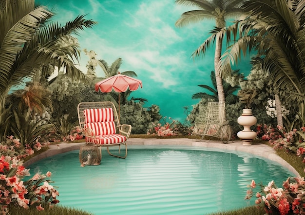 There is a pool with a chair and umbrella in the middle of it generative ai