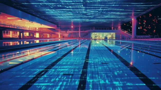 Photo there is a pool with a long line of lanes in it generative ai