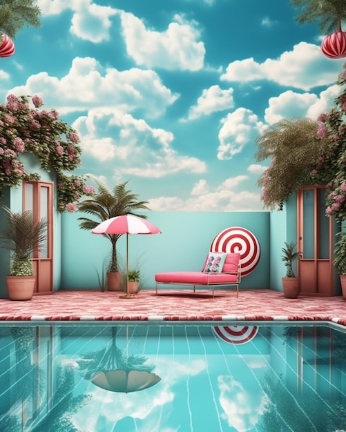 There is a pool with a lounge chair and umbrella in the middle generative ai