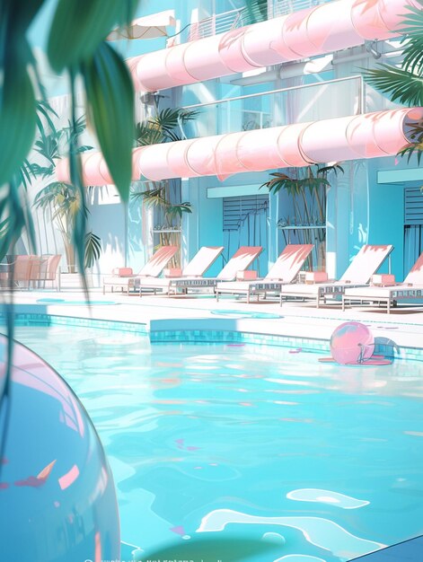 Photo there is a pool with a pink and blue pool float in it generative ai