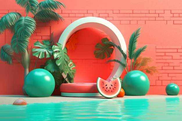 There is a pool with a pool float and a watermelon generative ai