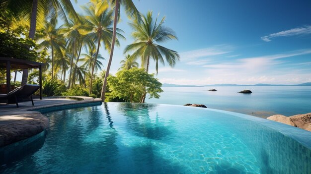 there is a pool with a view of the ocean and palm trees generative ai