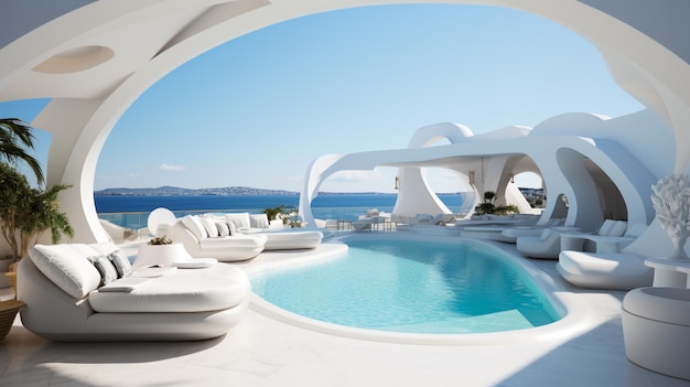 there is a pool with white furniture and a view of the ocean generative ai