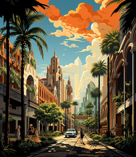 Photo there is a poster of a city street with palm trees generative ai