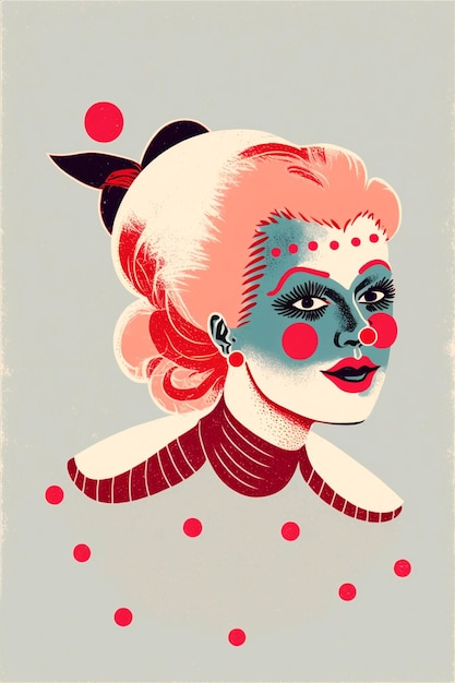 There is a poster of a clown with a red nose and a blue face generative ai