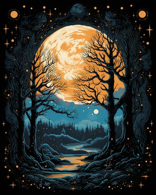 there is a poster of a full moon over a forest generative ai