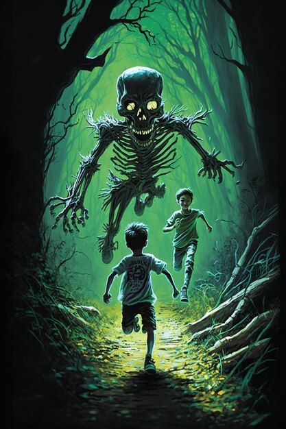 森の中を走っている骸骨と 2 人の子供のポスターがあります。生成 AI