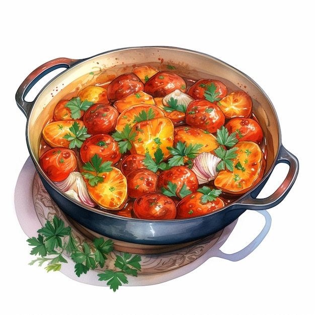 there is a pot of food with tomatoes and onions on a plate generative ai