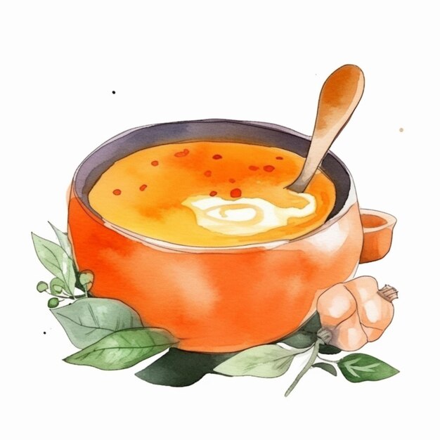 Foto c'è una pentola di zuppa con un cucchiaio e alcune foglie generative ai