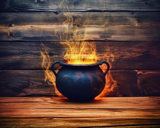 there is a pot with fire coming out of it on a table generative ai