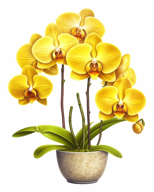 There is a pot with yellow flowers on a white background generative ai