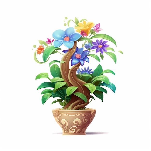 There is a potted plant with flowers and leaves on a white background generative ai