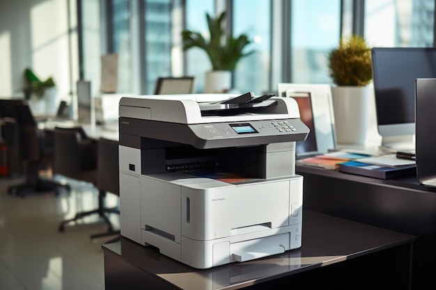 There is a printer sitting on a desk in an office generative ai