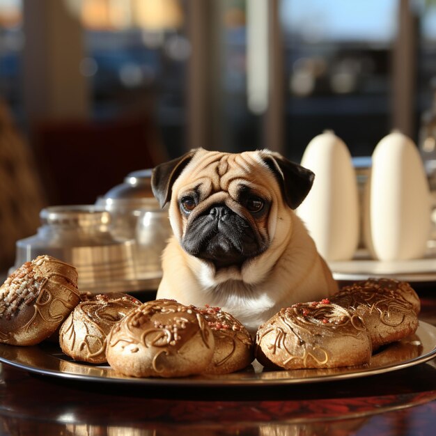 Photo there is a pug dog sitting on a plate with some doughnuts generative ai