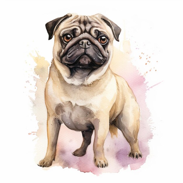 there is a pug dog standing on a pink background generative ai