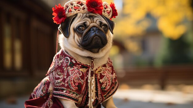 There is a pug dog wearing a red and gold dress generative ai