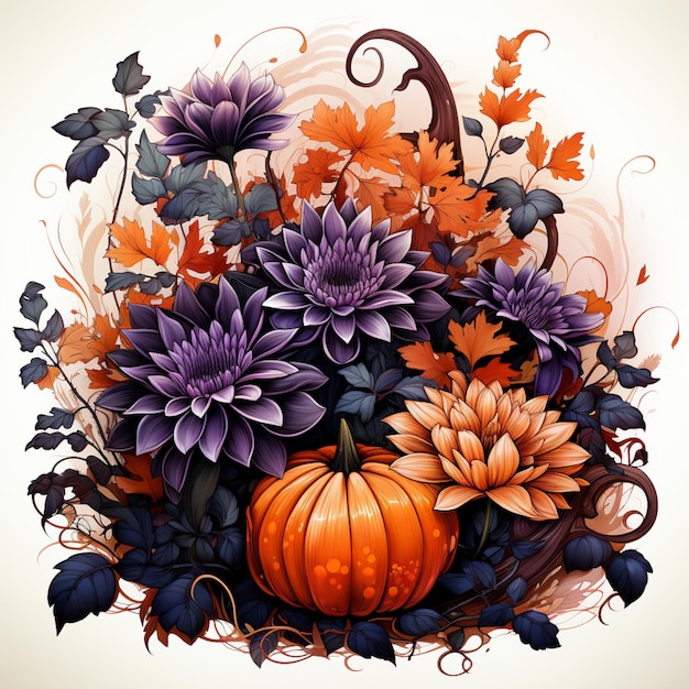 there is a pumpkin and flowers in a basket with leaves generative ai