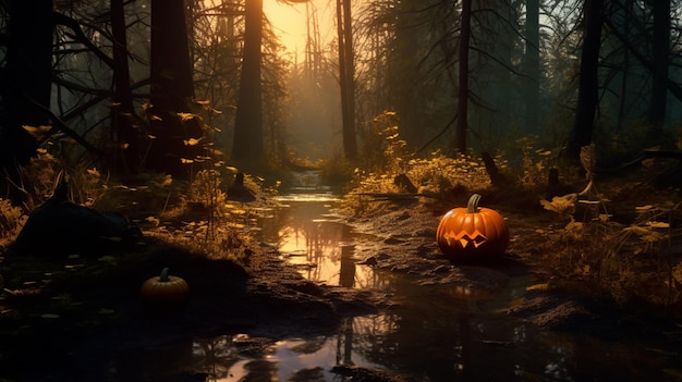 there is a pumpkin sitting on the ground in the woods generative ai