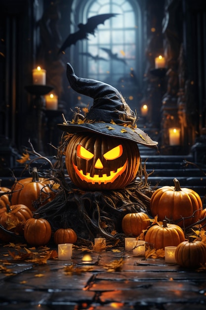 There is a pumpkin with a witch hat on it surrounded by pumpkins generative ai