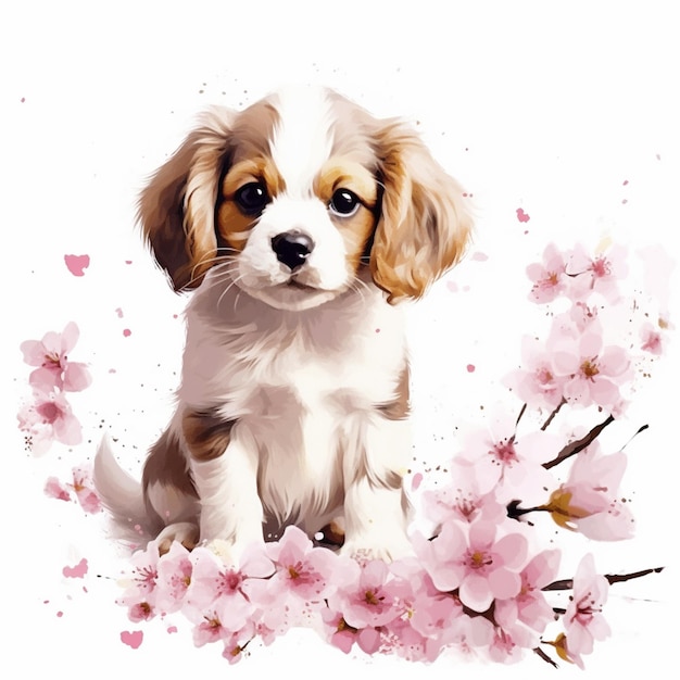 there is a puppy sitting on a flowered branch with pink flowers generative ai