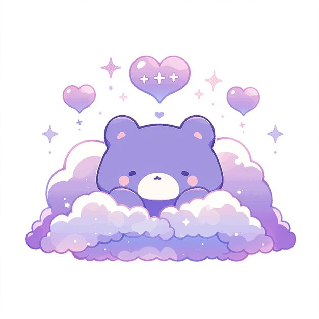 Photo there is a purple bear sitting on a cloud with hearts generative ai