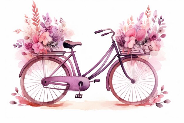 かごの中に花が入った紫色の自転車があります 生成AI