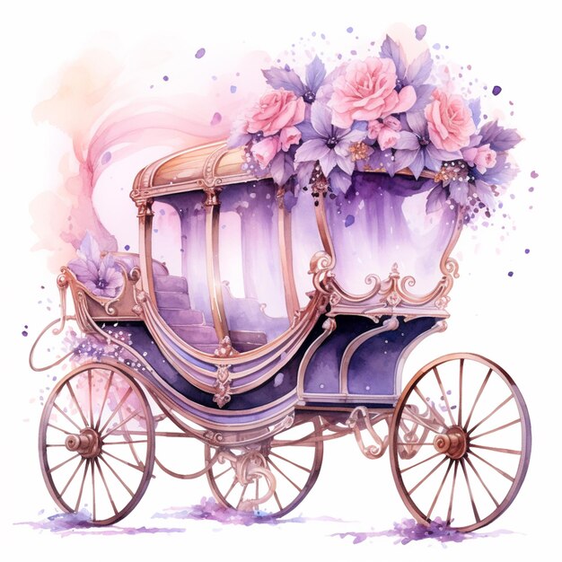 there is a purple carriage with flowers on it and a white background generative ai