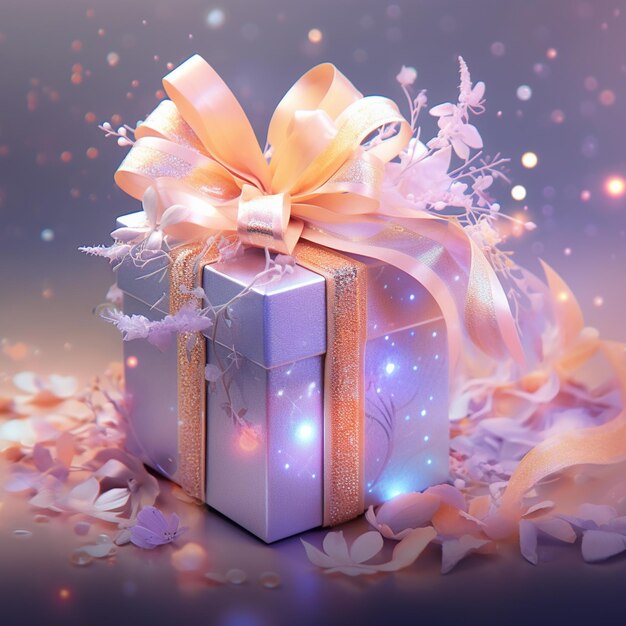 there is a purple gift box with a gold bow and a pink ribbon generative ai