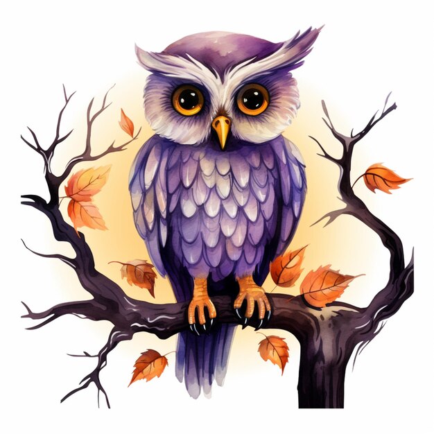 there is a purple owl sitting on a branch with leaves generative ai