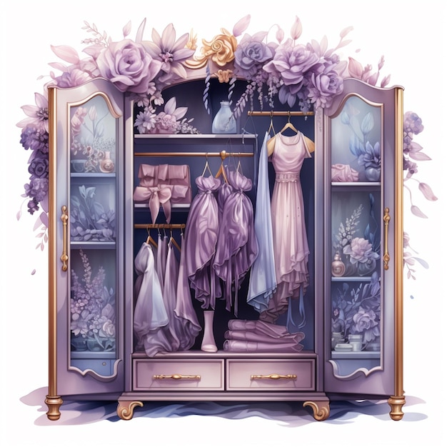 Photo there is a purple wardrobe with a bunch of clothes on it generative ai