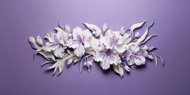 There is a purple and white flower arrangement on a purple background generative ai