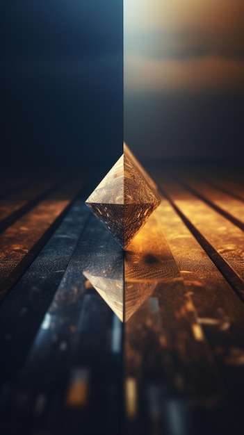 There is a pyramid on a wooden table with a sky background generative ai
