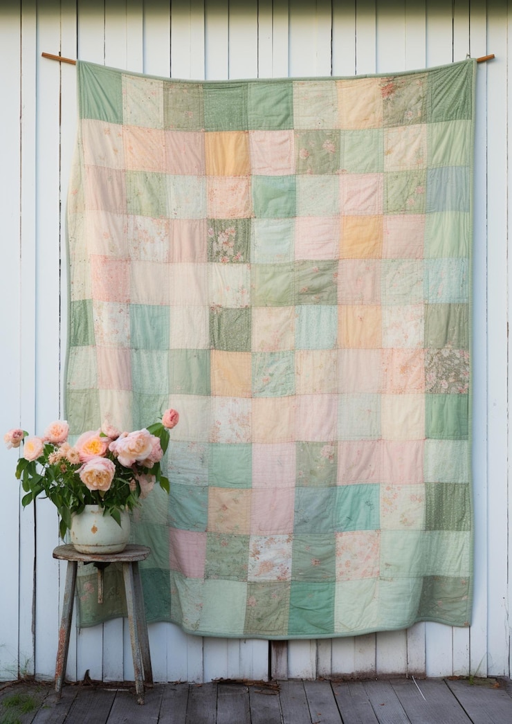 Photo there is a quilt on the porch next to a vase of flowers generative ai