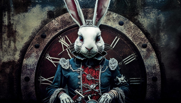 There is a rabbit in a costume standing in front of a clock generative ai