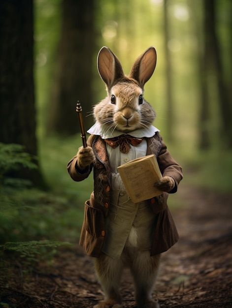 There is a rabbit dressed in a suit and holding a book generative ai