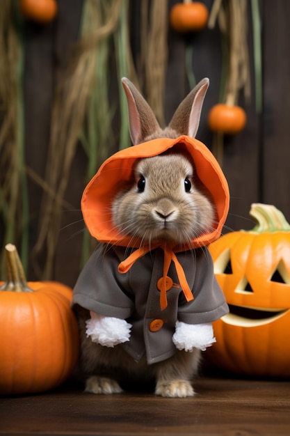 Photo there is a rabbit dressed up in a costume with pumpkins generative ai