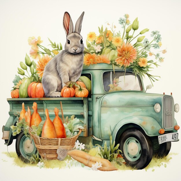 There is a rabbit sitting on the back of a truck with carrots generative ai