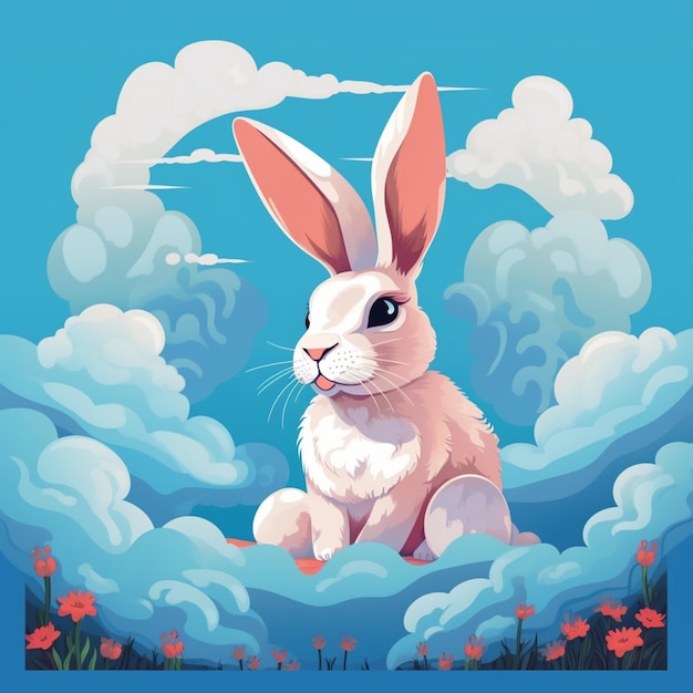 There is a rabbit sitting in the clouds with flowers generative ai