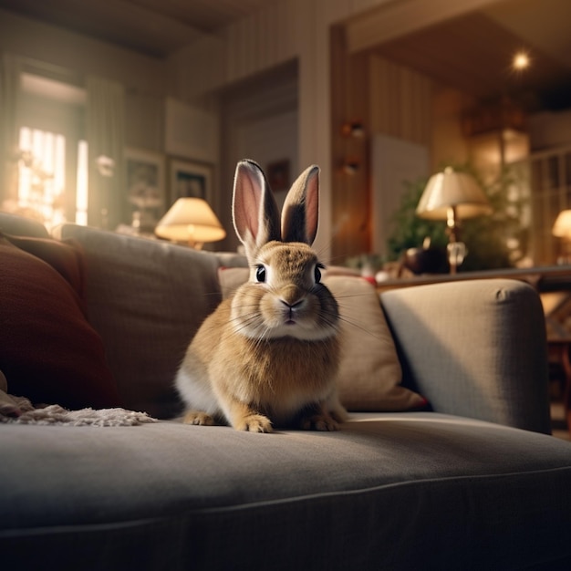 Есть кролик, сидящий на диване в гостиной.