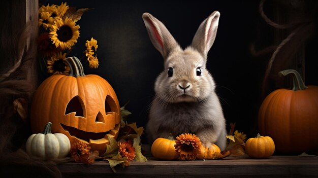 Photo there is a rabbit sitting in front of a pumpkin and a pumpkin generative ai