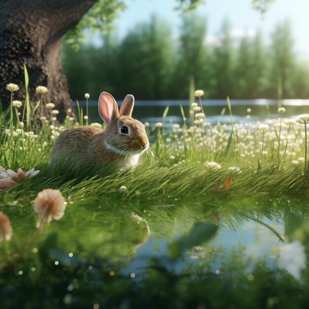 There is a rabbit sitting in the grass by a pond generative ai