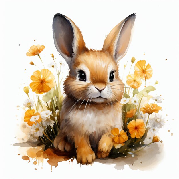 there is a rabbit sitting in the grass with flowers generative ai