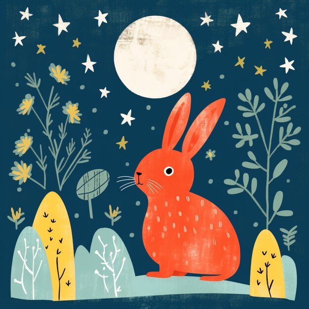 Foto c'è un coniglio seduto nell'erba con una luna piena sullo sfondo generativo ai