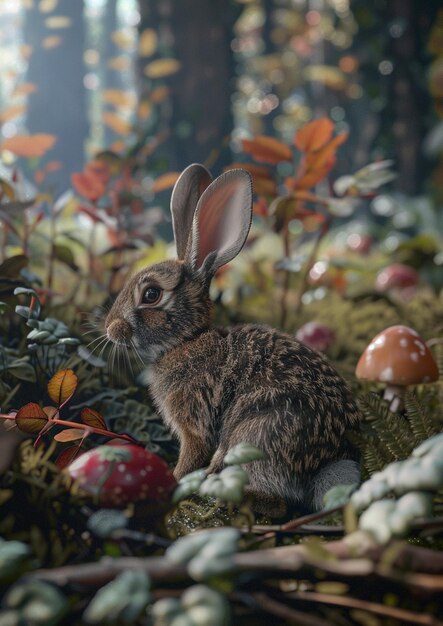 there is a rabbit sitting in the grass with mushrooms and mushrooms generative ai