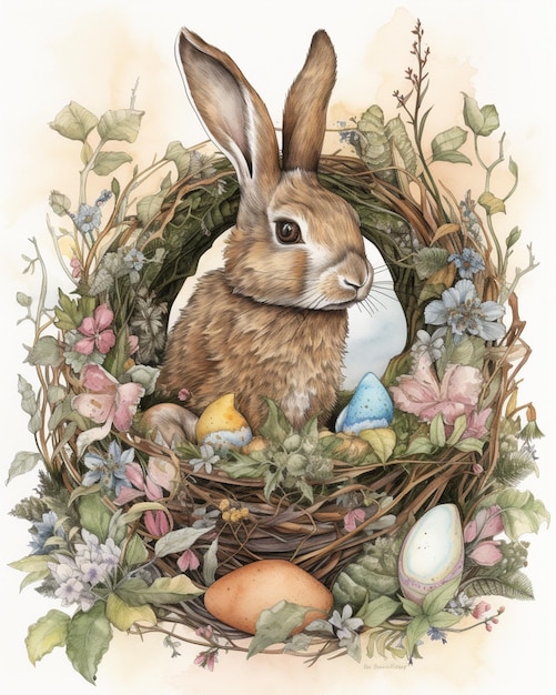 There is a rabbit sitting in a nest with eggs and flowers generative ai