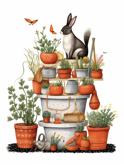 There is a rabbit sitting on top of a pile of pots generative ai