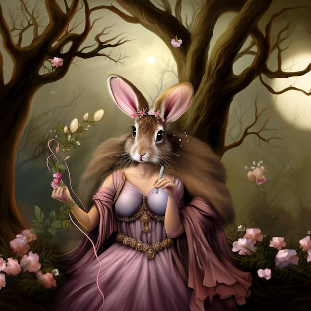 Photo there is a rabbit that is holding a flower in her hand generative ai